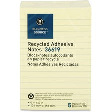 Business Source Yellow Adhesive Notes [NOTES;ADHSV;4X6;5PK;LINED-PK]