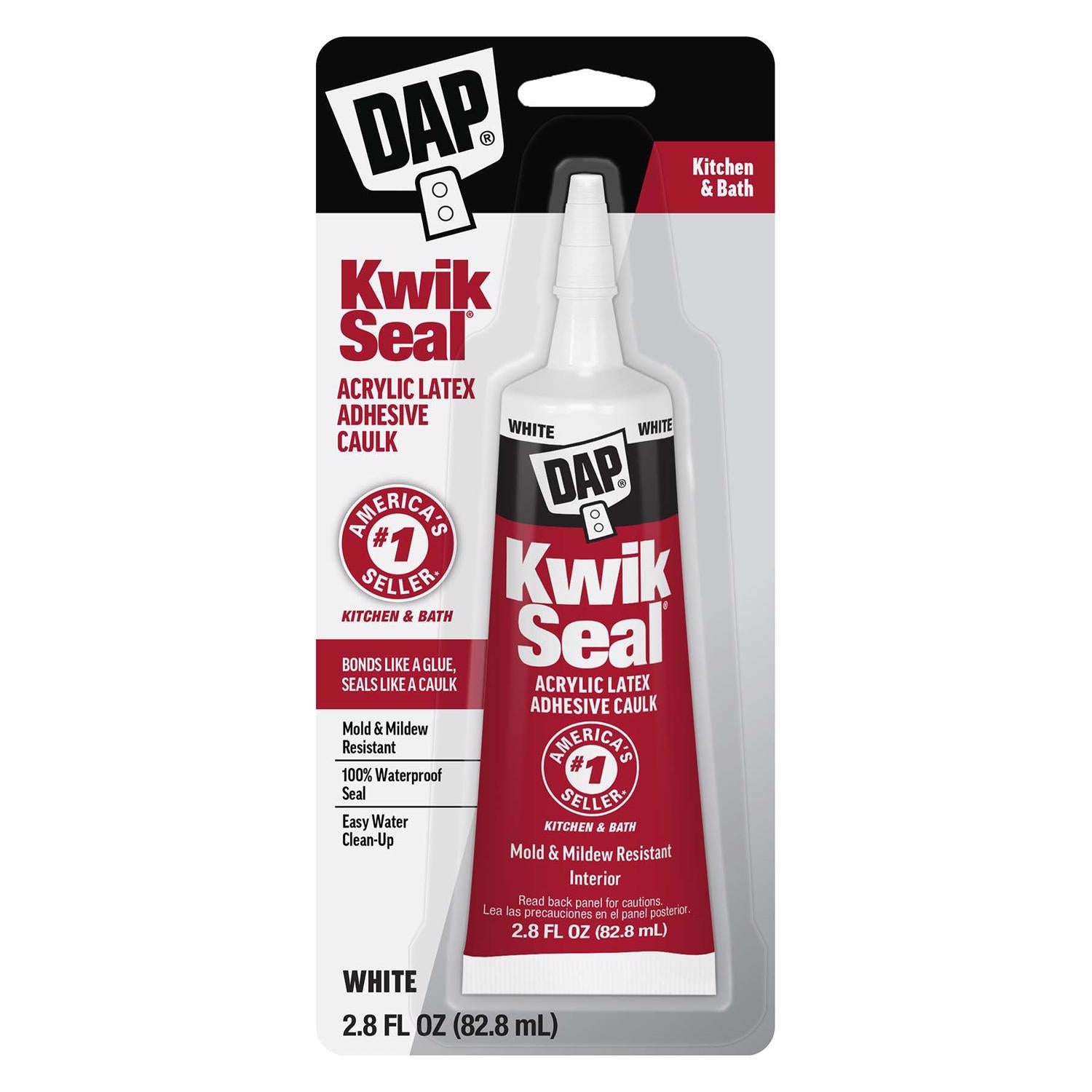 DAP Kwik Seal White Acrylic Latex Kitchen and Bath Adhesive Caulk 2.8 oz - Case of 6