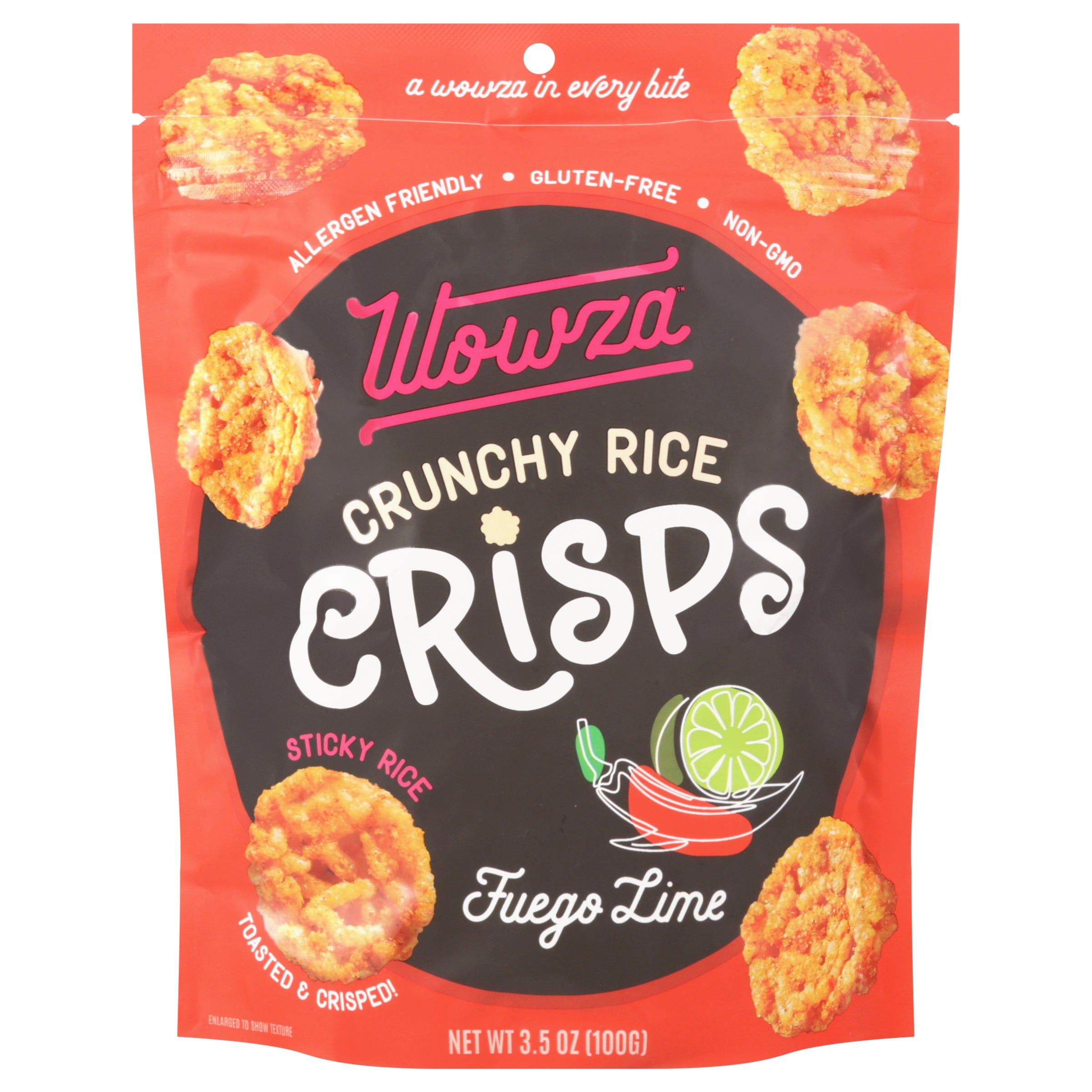 Wowza Crunchy Rice Fuego Lime Crisps 3.5 oz - Case of 8