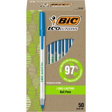 BIC Ecolutions Round Stic Ball Point Pen - 1 mm Pen Point Size - Blue - Semi Clear Barrel - 50 Pack