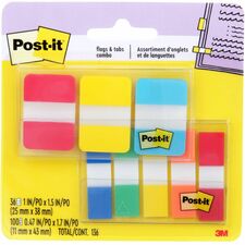 Post-it&reg; Tabs and Flags Combo Pack - Red, Yellow, Blue, Green, Orange - Sticky, Adhesive - 136 / Pack