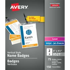 Avery&reg; Vertical Name Badges with Tickets Kit for Laser and Inkjet Printers, 4-1/4" x 6" [KIT;BADGE;VERTICAL;HNG;75BX-BX]