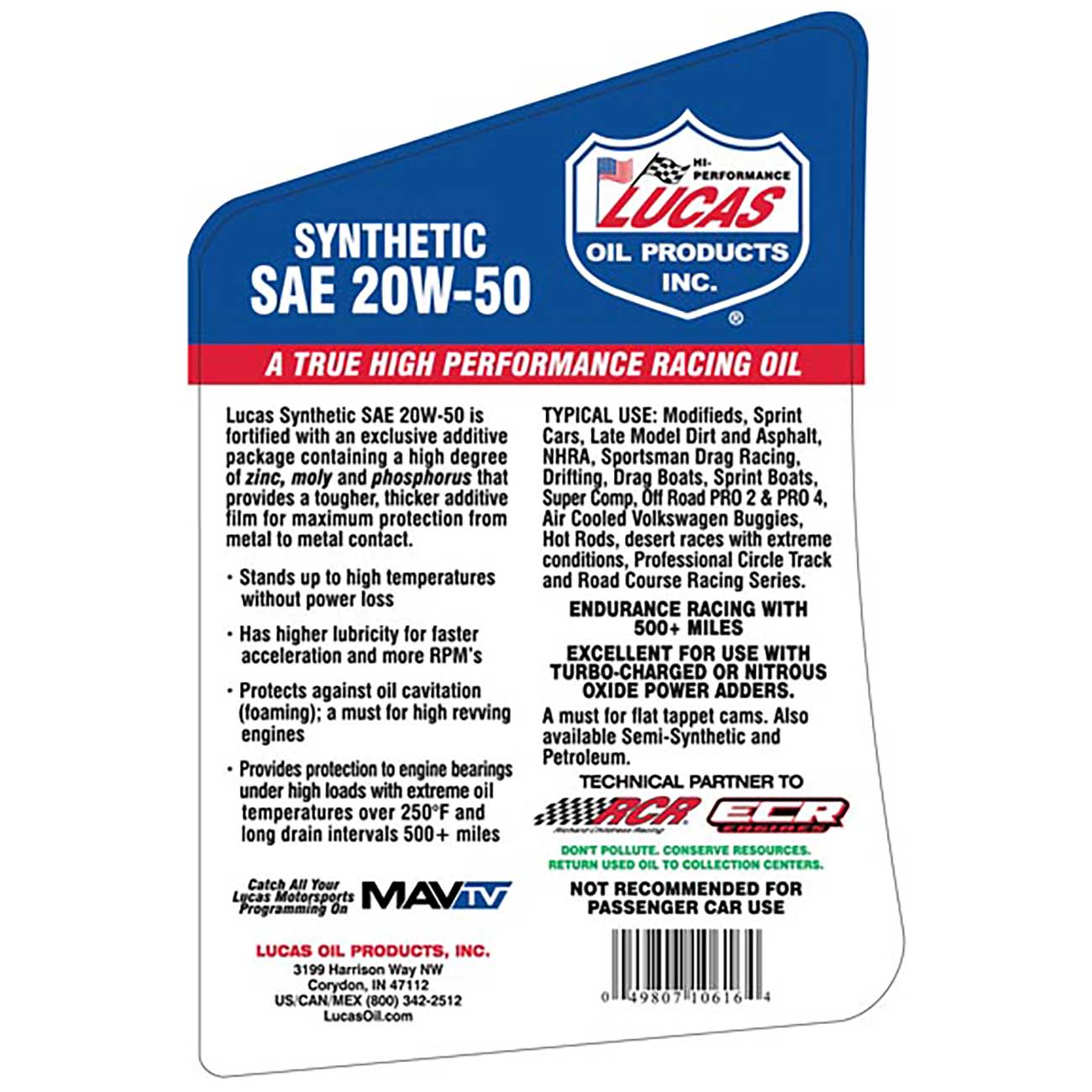 Lucas Oil Synthetic SAE 20W 50 Racing Motor Oil ‚Äì 5 Quart