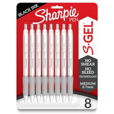 Sharpie S-Gel Pens - Medium Pen Point - 0.7 mm Pen Point Size - Black Gel-based Ink - White Metal Barrel - 8 / Pack