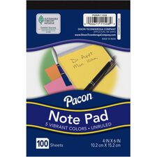 Pacon Note Pad - 4" x 6" - Rectangle - 100 Sheets per Pad - Unruled - Assorted - Recyclable, Compact - 1 Each