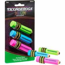 Ticonderoga Pencil-Shaped Erasers - Neon Assorted - Assorted - Pencil - 3 Each - Latex-free, Non-toxic, Smudge-free