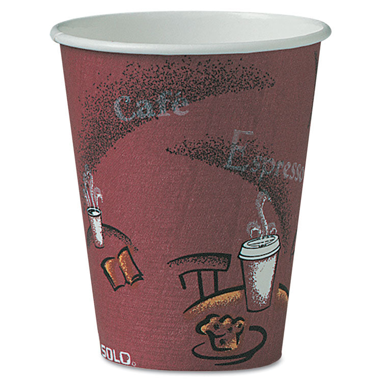 Dart - Solo Paper Hot Drink Cups in Bistro Design, 8 oz, Maroon, 500/Carton