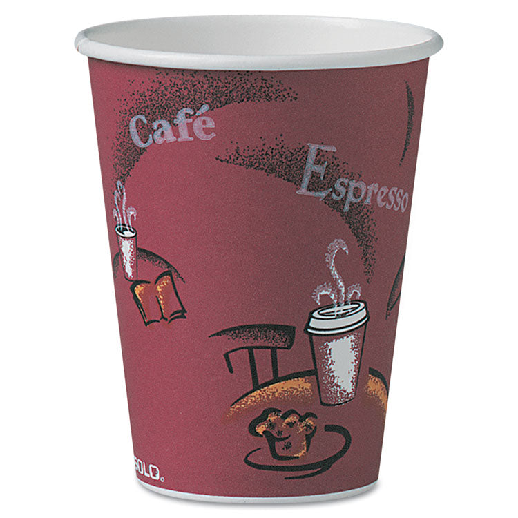 Dart - Solo Paper Hot Drink Cups in Bistro Design, 12 oz, Maroon, 300/Carton