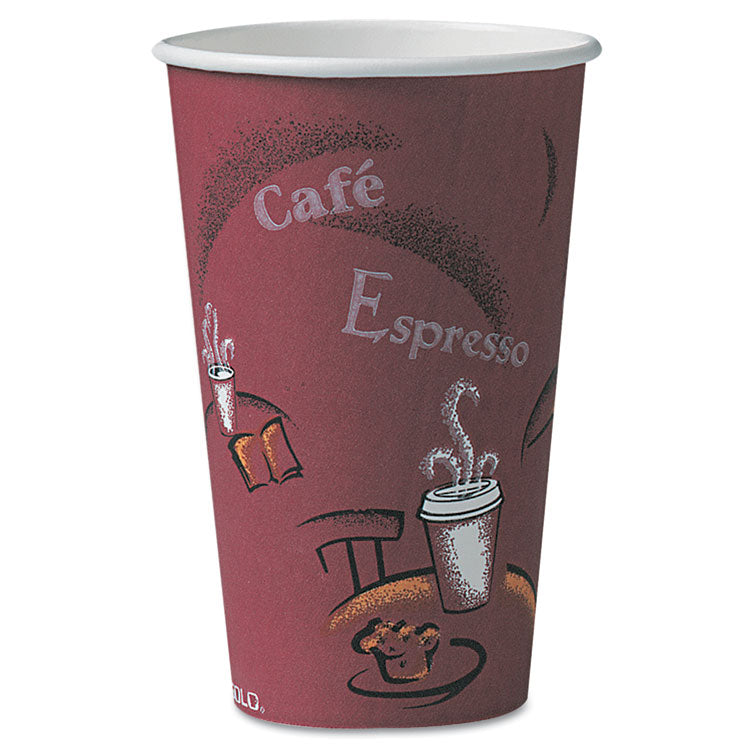 Dart - Solo Paper Hot Drink Cups in Bistro Design, 16 oz, Maroon, 300/Carton