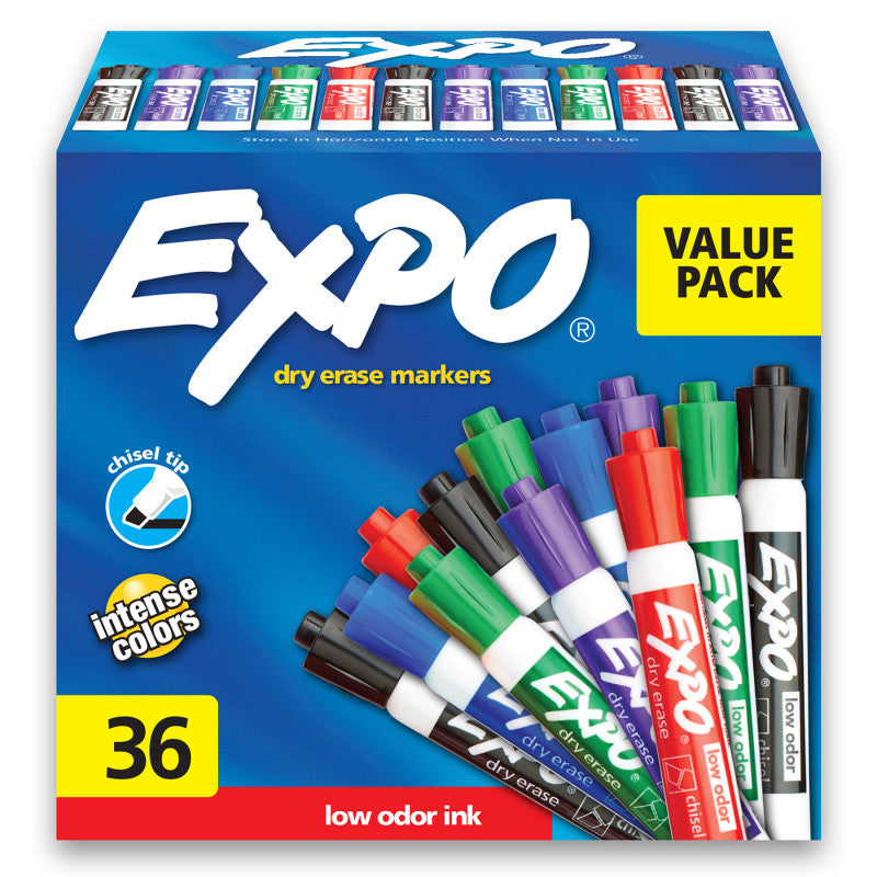EXPO - Low Odor Dry Erase Markers, Chisel Tip, Assorted, 36 Count