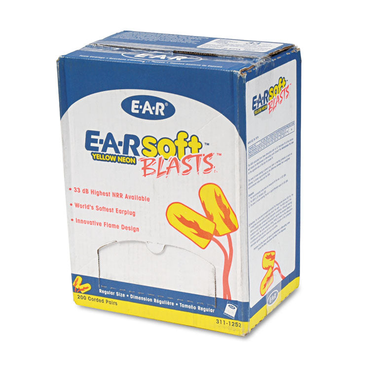 3M - E-A-Rsoft Blasts Earplugs, Corded, Foam, Yellow Neon, 200 Pairs/Box