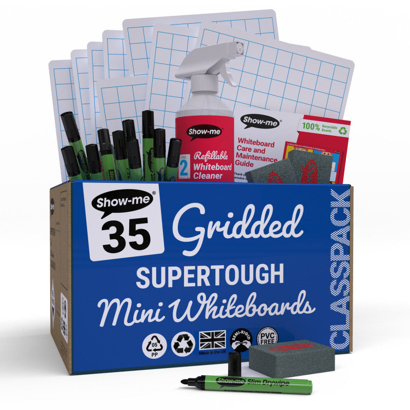 Classpack of 35 x Gridded/Plain SUPERTOUGH 8" x 12" Lapboards, with Pens, Erasers, Cleaner