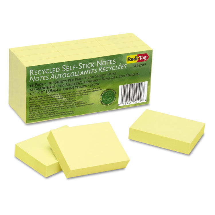 Redi-Tag - 100% Recycled Self-Stick Notes, 1.5" x 2", Yellow, 100 Sheets/Pad, 12 Pads/Pack