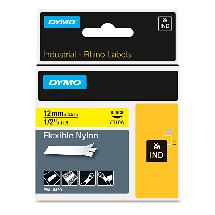 DYMO - Rhino Flexible Nylon Industrial Label Tape, 0.5" x 11.5 ft, Yellow/Black Print