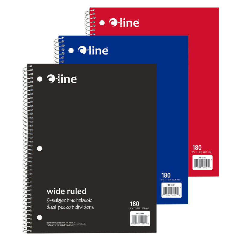 5-Subject Notebook, Wide Ruled, 180 Sheets, Assorted Colors, Pack of 3
