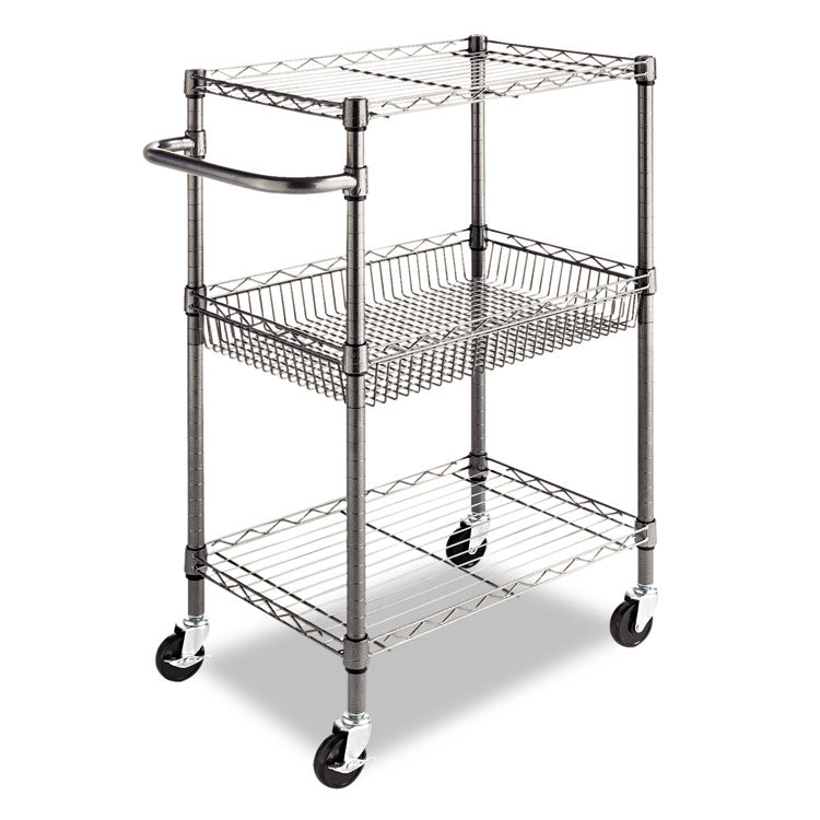 Alera - Three-Tier Wire Cart with Basket, Metal, 2 Shelves, 1 Bin, 500 lb Capacity, 28" x 16" x 39", Black Anthracite