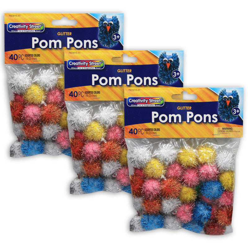 CREATIVITY STREET - Glitter Pom Pons, Assorted Colors, 1", 40 Pieces Per Pack, 3 Pack
