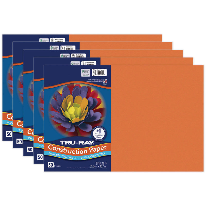 TRU-RAY - Construction Paper, Electric Orange, 12" x 18", 50 Sheets Per Pack, 5 Packs