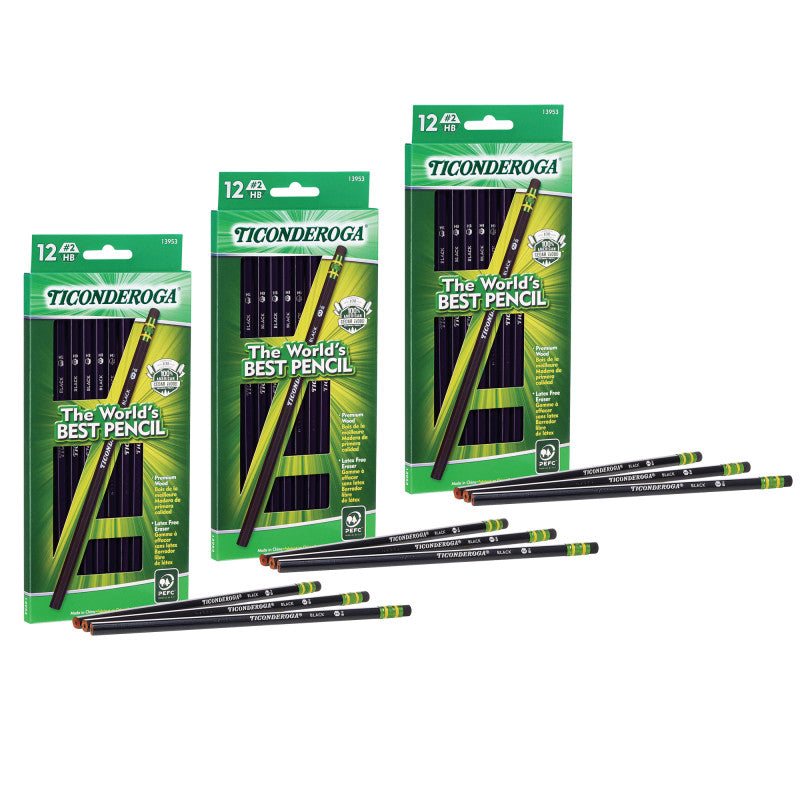 TICONDEROGA - Wood-Cased Pencils, Black, 12 Per Pack, 3 Packs