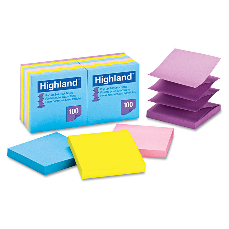 Highland - Self-Stick Pop-up Notes, 3" x 3", Assorted Bright Colors, 100 Sheets/Pad, 12 Pads/Pack