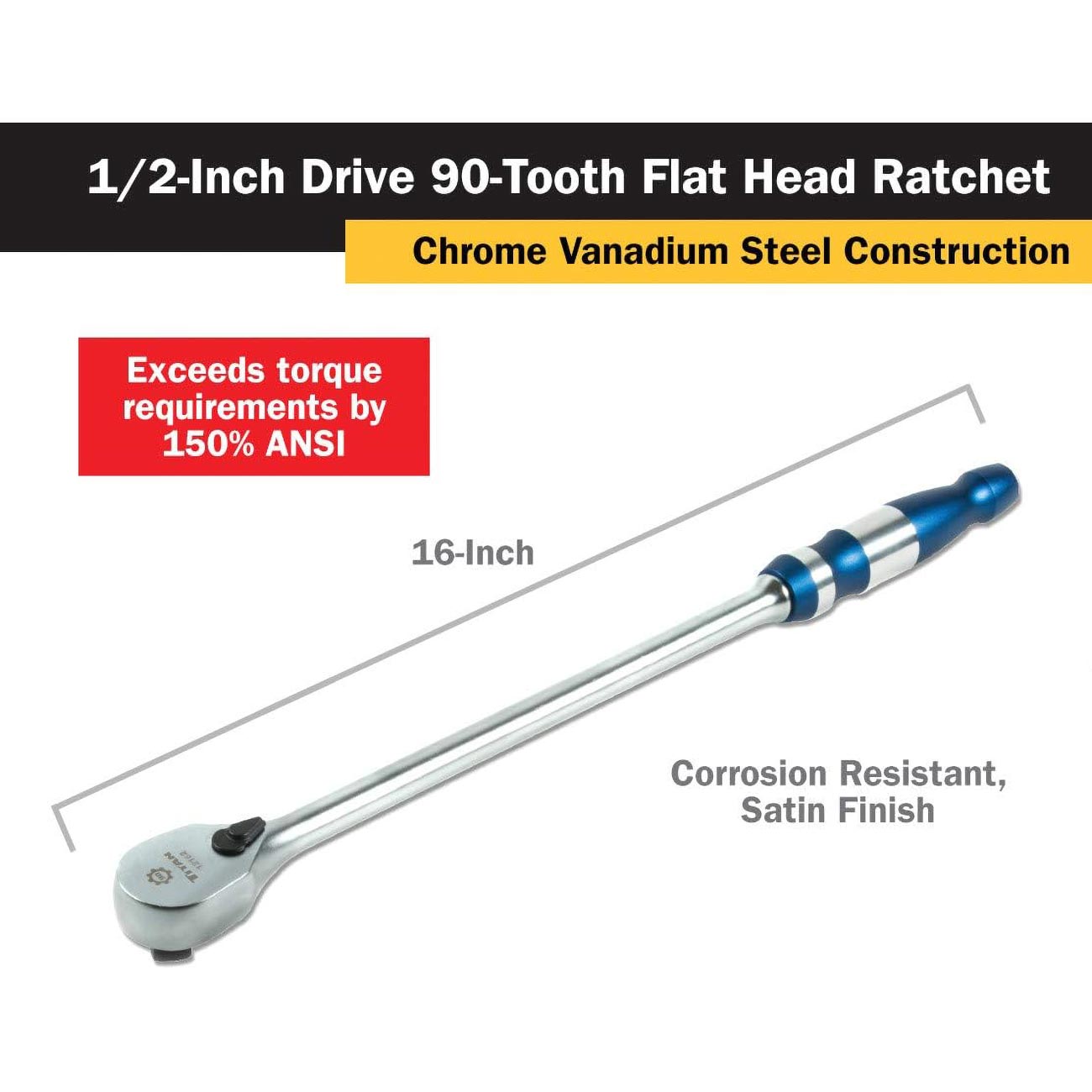 Titan 1/2" Drive x 16" Flat Head Ratchet - 90 Tooth