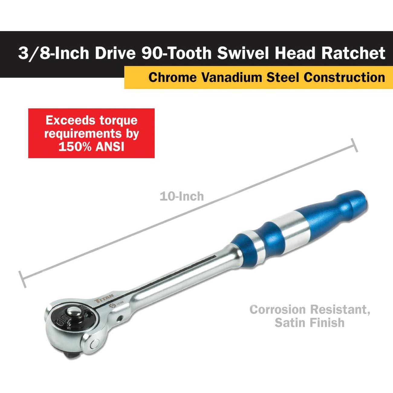 Titan 3/8" Drive x 10" Swivel Head Ratchet - 90 Tooth