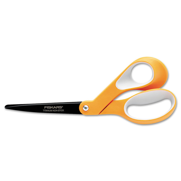 Fiskars - Premier Non-Stick Titanium Softgrip Scissors, 8" Long, 3.1" Cut Length, Orange/Gray Offset Handle