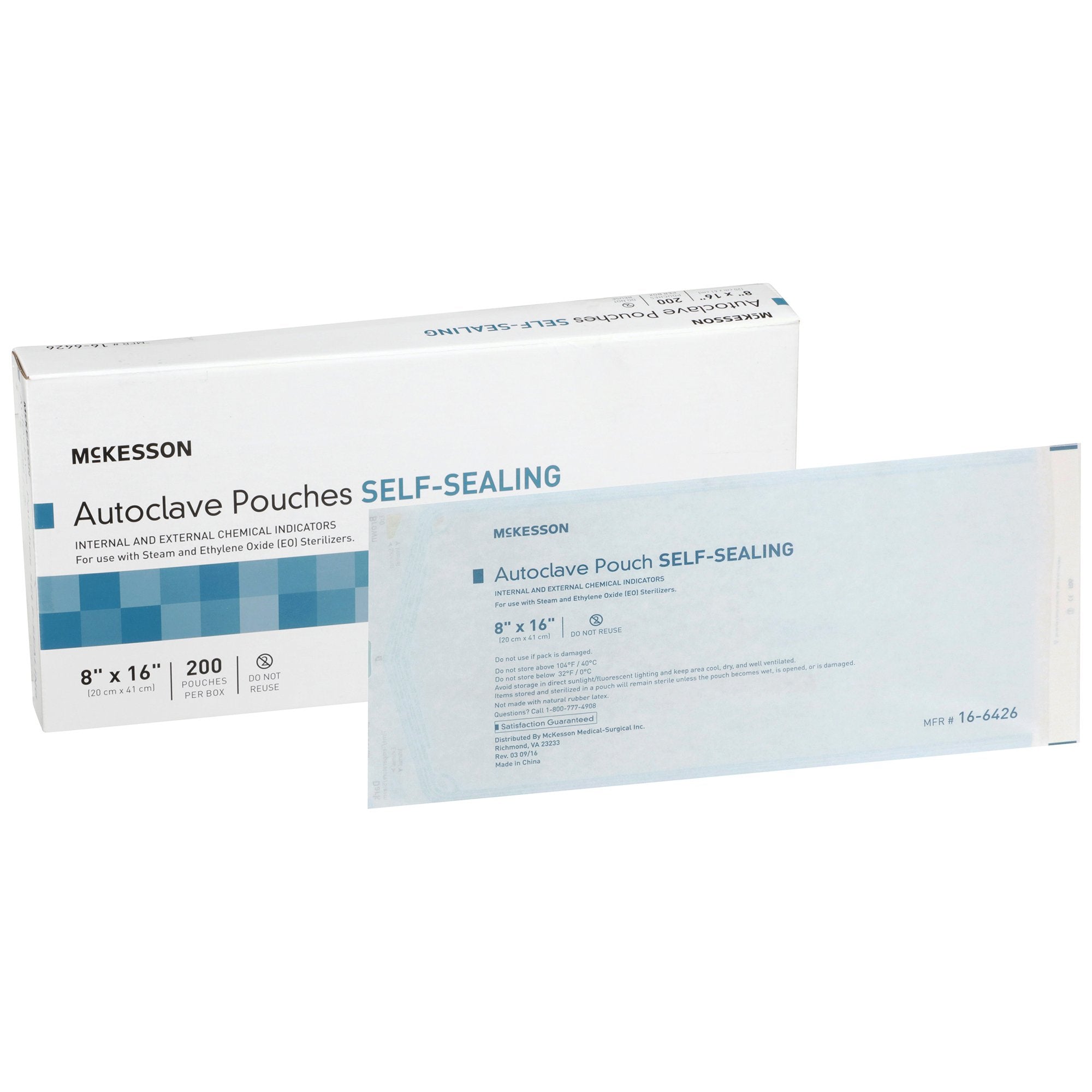 McKesson Brand - Sterilization Pouch McKesson Ethylene Oxide (EO) Gas / Steam 8 X 16 Inch Transparent Blue / White Self Seal Paper / Film [200/BX]