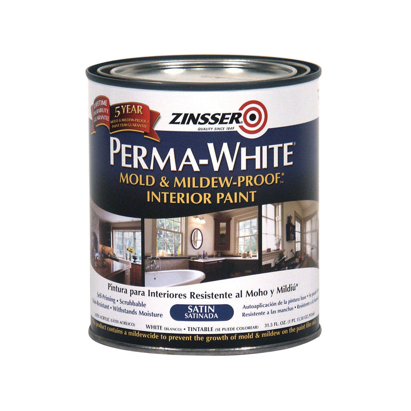 ZINSSER - Zinsser Perma-White Satin White Water-Based Mold and Mildew-Proof Paint Interior 1 qt