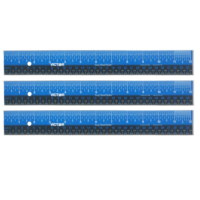 VICTOR - Easy Read™ Ruler, Stainless Steel, Blue/Black, 12", Pack of 3