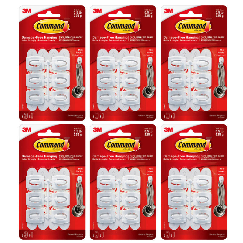 3M - Command™ Mini Hooks, White, 6 Per Pack, 6 Packs