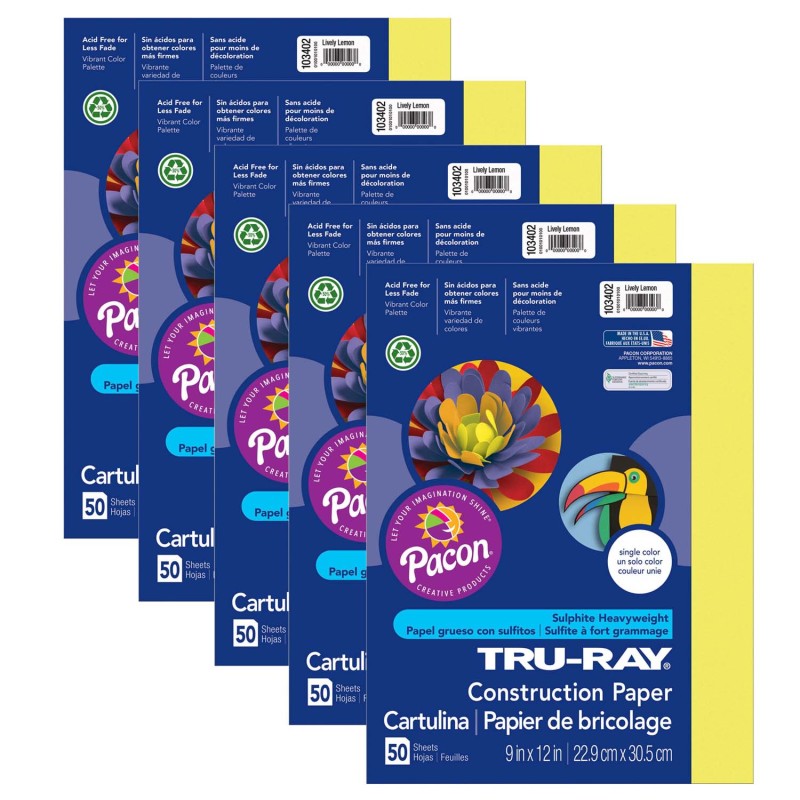 TRU-RAY - Construction Paper, Lively Lemon, 9" x 12", 50 Sheets Per Pack, 5 Packs