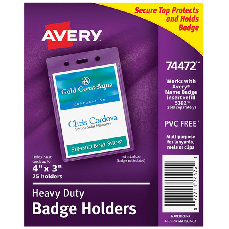 AVERY - Heavy-Duty Badge Holders, Portrait, 4" x 3", 25 Holders