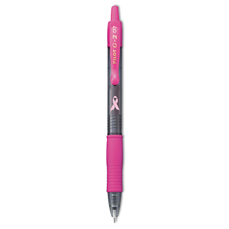 Pilot - G2 Premium Breast Cancer Awareness Gel Pen, Retractable, Fine 0.7 mm, Black Ink, Translucent Pink Barrel, Dozen