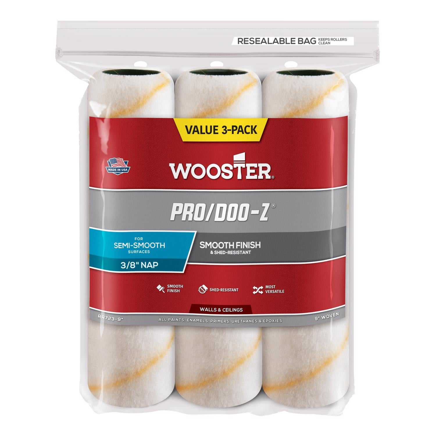 Wooster Pro Doo-Z Woven Fabric 9 in. W X 3/8 in. Paint Roller Cover 3 pk - Case of 10
