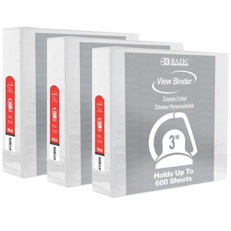 BAZIC PRODUCTS - Slant D Ring View Binder with 2 Pockets, 3", White, Pack of 3