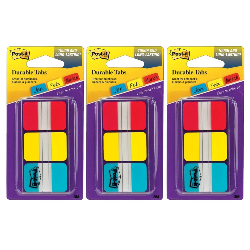 POST-IT - Tabs, 1" Solid, Red, Yellow, Blue, 66 Tabs & Dispenser Per Pack, 3 Packs