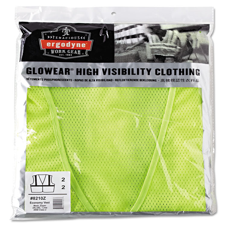 ergodyne - GloWear 8210Z Class 2 Economy Vest, Polyester Mesh, Zipper Closure, 2X-Large to 3X-Large, Lime