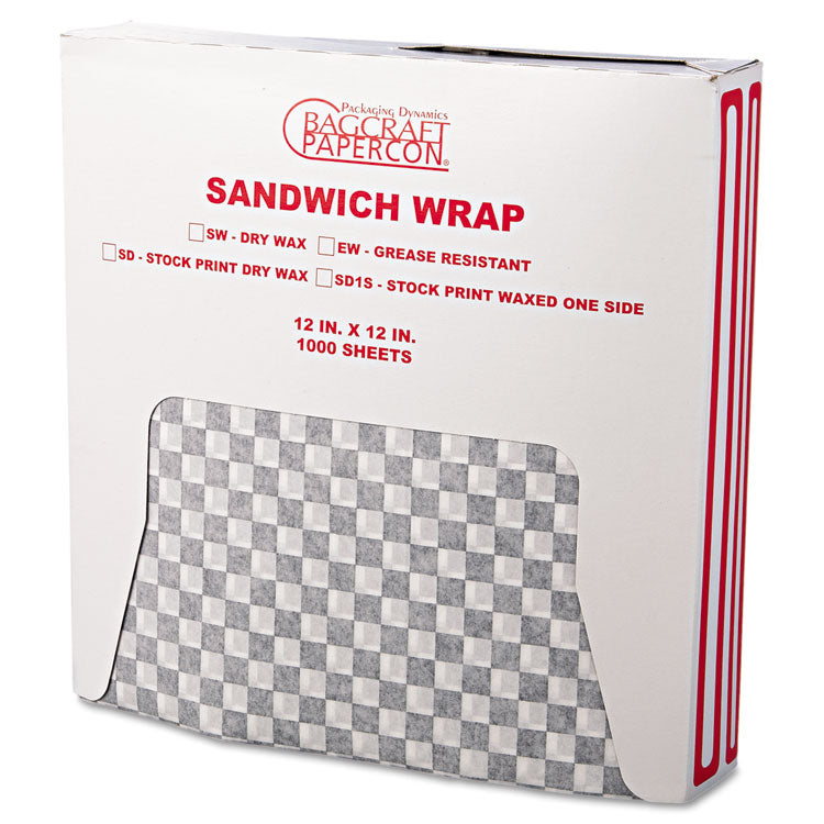 Bagcraft - Grease-Resistant Paper Wraps and Liners, 12 x 12, Black Check, 1,000/Box, 5 Boxes/Carton