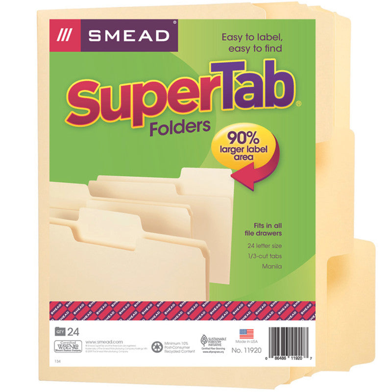 SMEAD - SuperTab® File Folder, Oversized 1/3-Cut Tab, Letter Size, Manila, Pack of 24