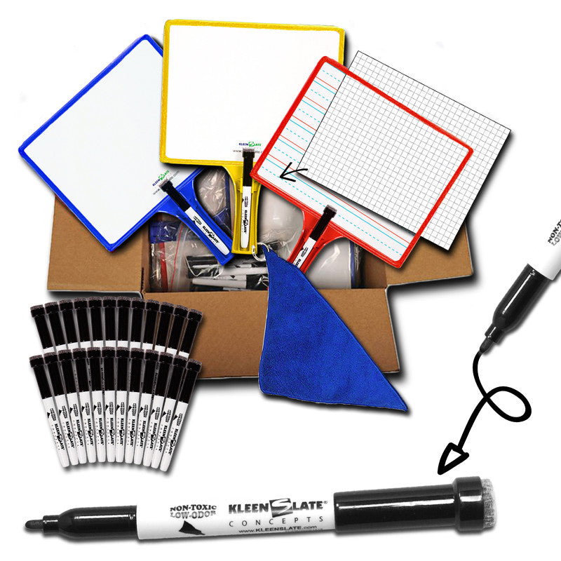 KLEENSLATE - Customizable Handheld Whiteboards with Clear Dry Erase Sleeves & Markers, Class Set of 24