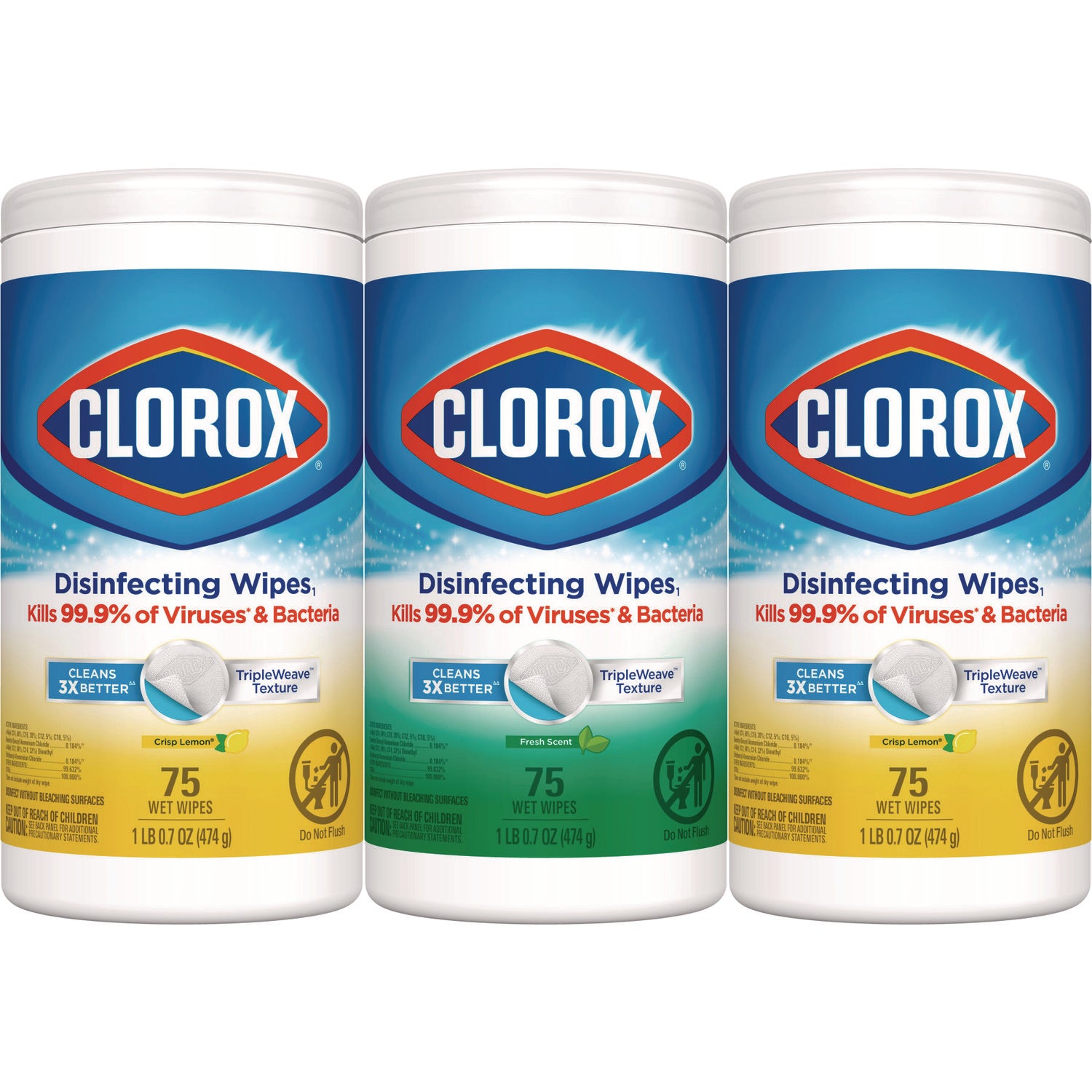 Disinfecting Wipes, Value Pack, Bleach Free Cleaning Wipes, 1-Ply, 7x8, Fresh Scent/Citrus Blend, White, 75/Canister, 3/Pack