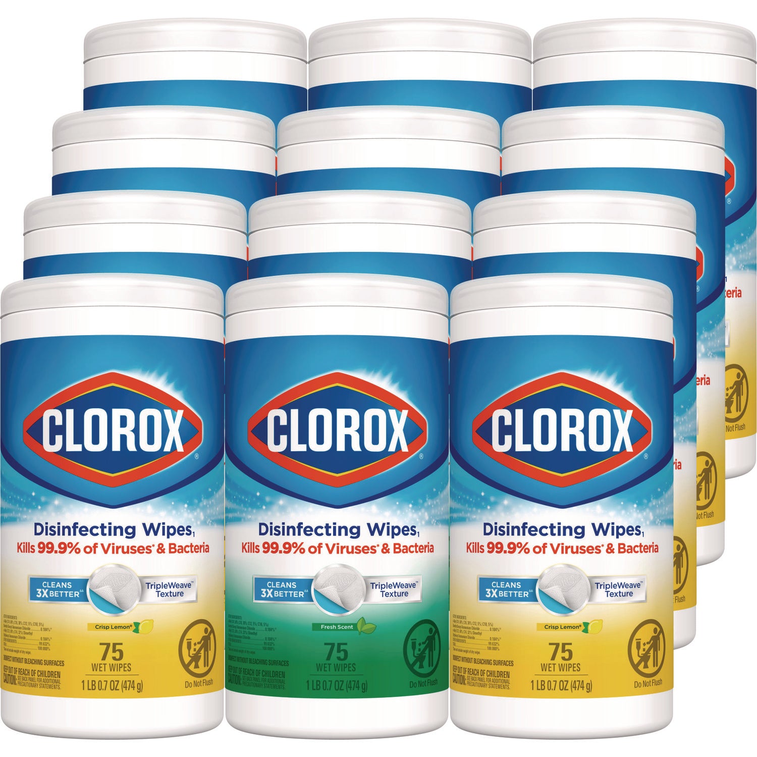 Disinfecting Wipes, Bleach Free Cleaning Wipes, 1-Ply, 7 x 8, Fresh Scent/Citrus Blend, White, 75/Canister, 3/Pack, 4/Carton
