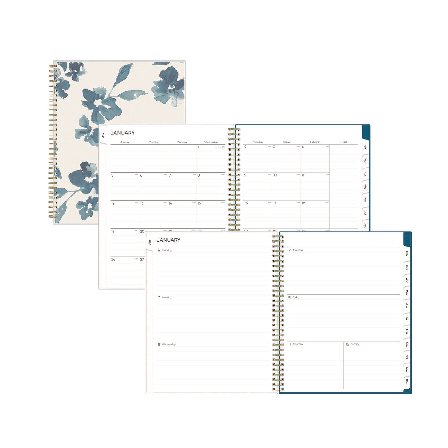 Bakah Blue Weekly/Monthly Planner, Floral Artwork, 11 x 8.5, Blue/White Cover, 12-Month (Jan to Dec): 2026