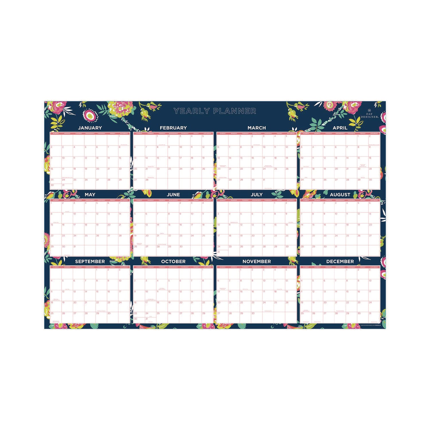 Day Designer Peyton Laminated Erasable Wall Calendar, Floral Artwork, 36 x 24, White/Navy Sheets, 12-Month (Jan to Dec): 2026