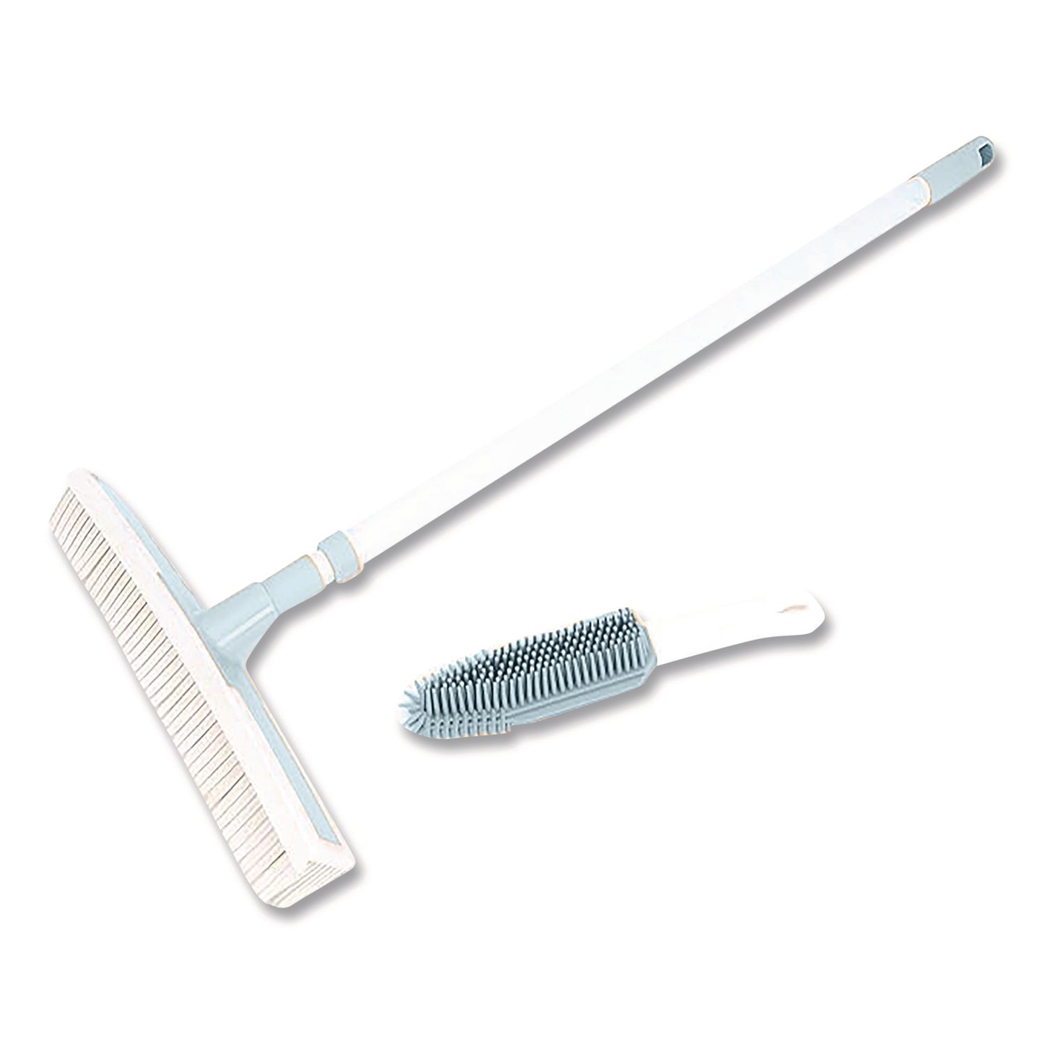 Rubber Broom and Handheld Brush,11.75 x 50 Plastic Handle, White/Blue