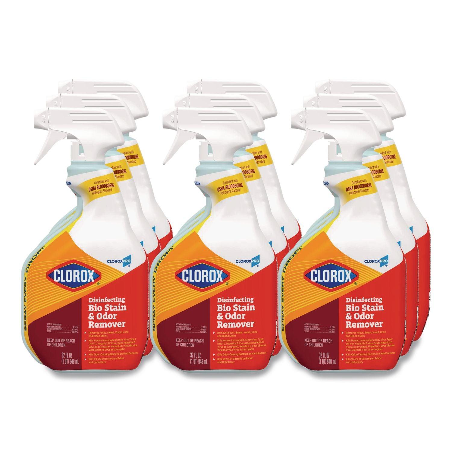 CloroxPro Disinfecting Bio Stain and Odor Remover, Fragranced, 32 oz Spray Bottle, 9/Carton