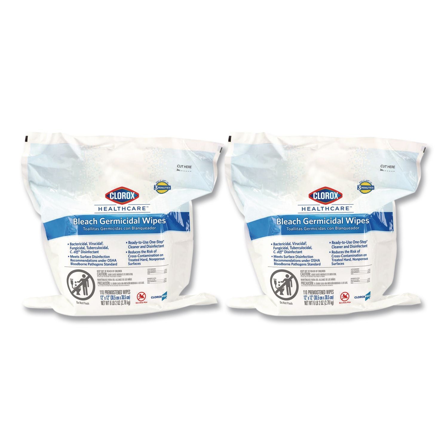Bleach Germicidal Wipes, 1-Ply, 12 x 12, Unscented, White, 110/Refill, 2 Refills/Carton