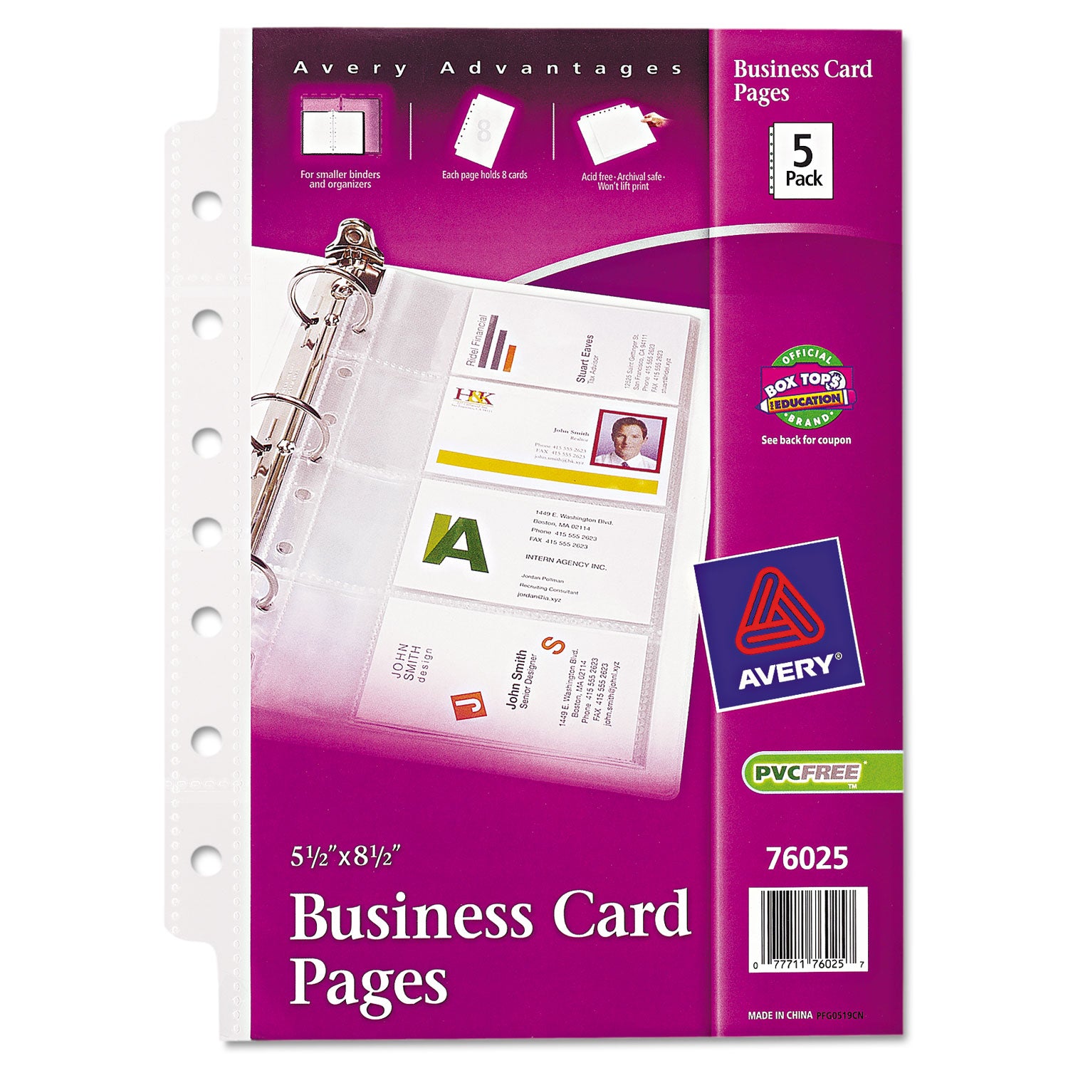 Business Card Binder Pages, For 2 X 3.5 Cards, Clear, 8 Cards/sheet, 5 Pages/pack