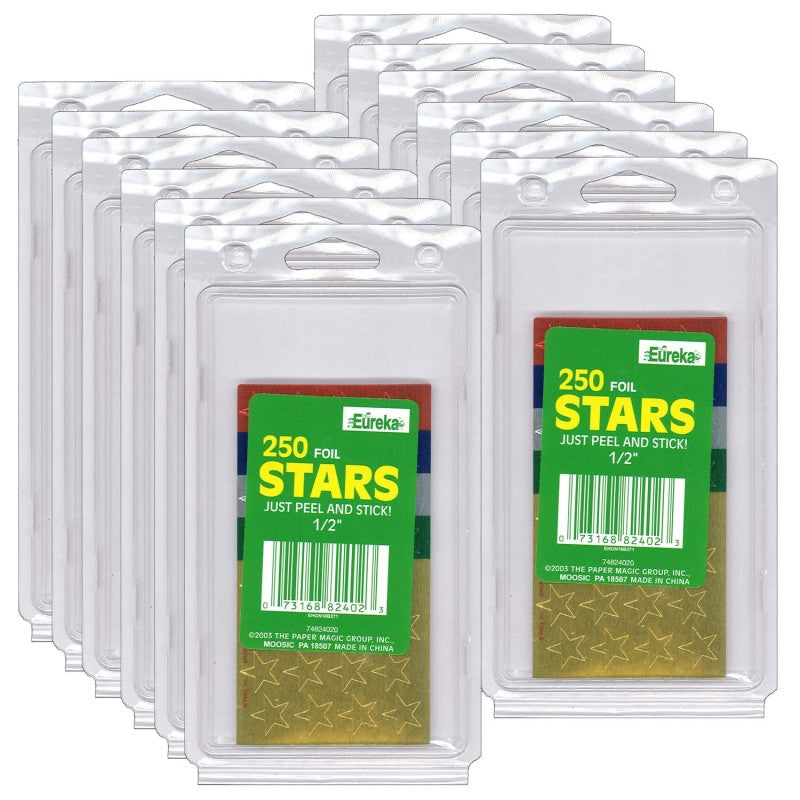 EUREKA - Presto-Stick Foil Star Stickers, 1/2", Assorted Colors, 250 Per Pack, 12 Packs